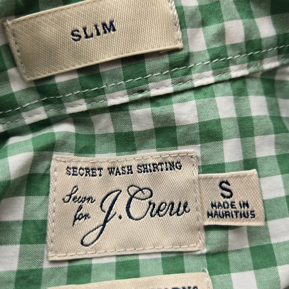J. Crew Secret Wash Shirting Mens Size S Green Gingham Check Long Sleeve‎ Shirt